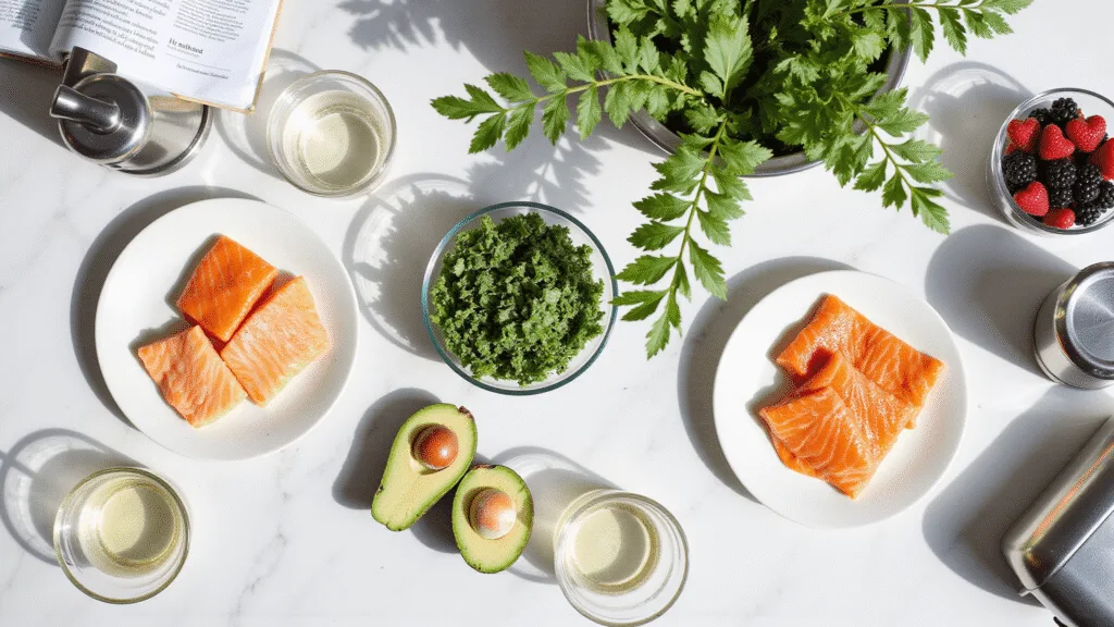 "Above view of a bright kitchen with anti-inflammatory ingredients including kale, avocados, salmon and berries on marble countertops, with glass containers, steel bowls, a modern blender, and a recipe journal, emphasized by natural lighting."