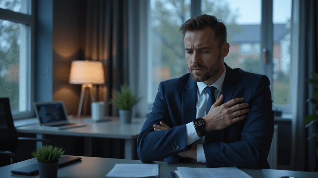 "Medical professional in business attire clutching left arm in distress, in a dimly lit modern office with smartwatch showing high heart rate"