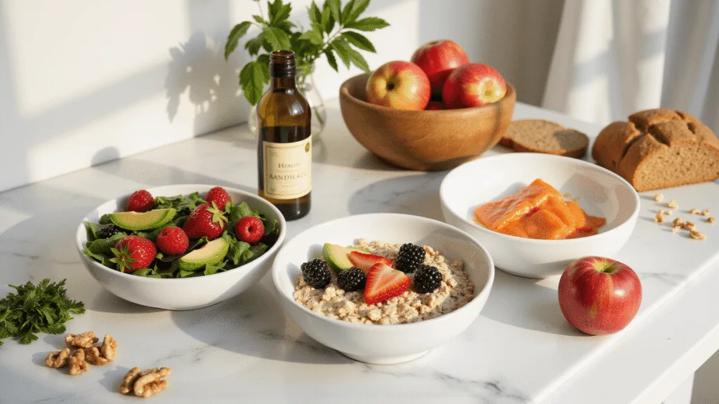 "Heart-healthy ingredients such as oatmeal, berries, whole grain bread, olive oil, salmon, nuts, avocados, and greens, organized on a marble kitchen counter in morning light"