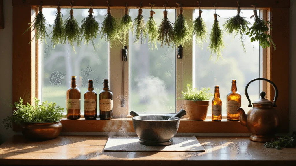 "Sunlit herbal remedy kitchen with dried herbs, amber bottles, marble mortar and pestle"