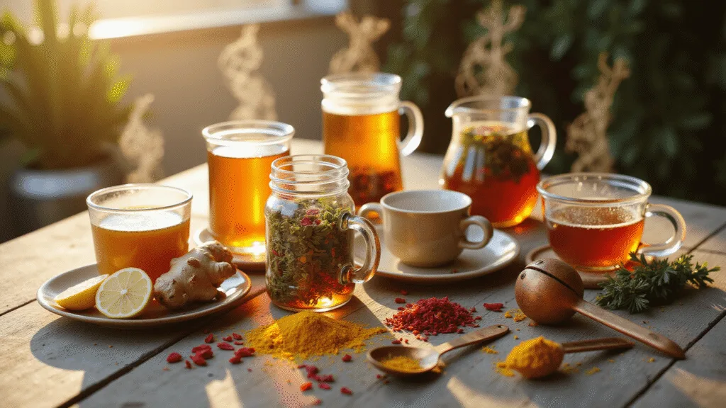 "Glass jars of herbal tea ingredients like ginger, chamomile, hibiscus, and turmeric on a rustic wooden table in warm morning light"