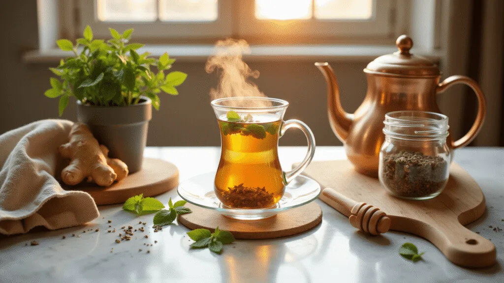 "Steaming peppermint-ginger tea in a glass cup surrounded by fresh ingredients and bathed in golden hour sunlight on a marble countertop"