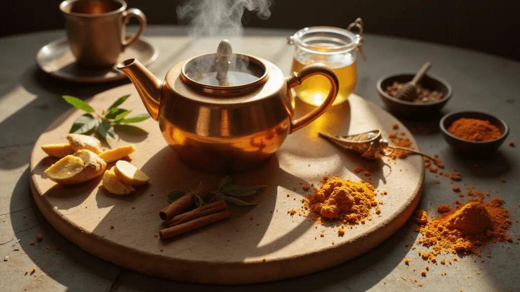 "Copper teapot with steaming herbal tea, fresh ginger slices, honey, ceramic mug, turmeric, eucalyptus and cinnamon on a wooden surface during golden hour"