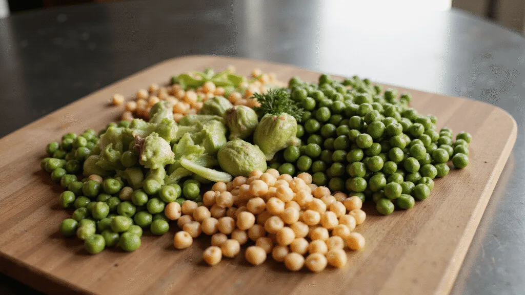 "High protein vegetables including chickpeas, peas, artichokes, and Brussels sprouts on a rustic wooden board, with morning sunlight streaming through a window. Fresh herbs serve as a garnish, picture with a matte finish."