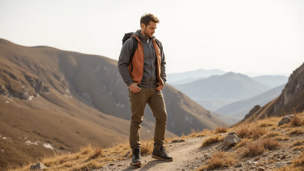 "Outdoor enthusiast in layered technical hiking gear standing on a scenic mountain trail under warm sunlight"