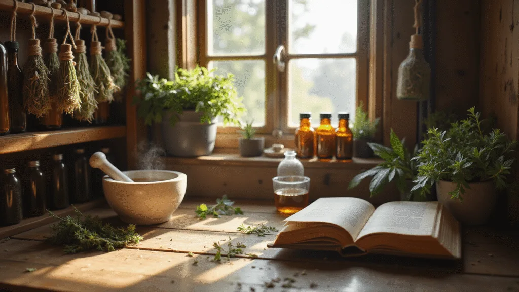 "Sunlit healing corner with amber bottles, dried herbs, mortar and pestle, herbal tea and open remedy book on wooden shelves"