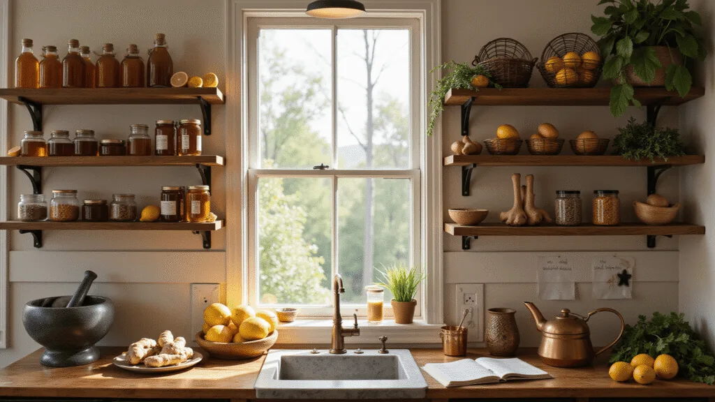 "Farmhouse kitchen with rustic shelves displaying natural remedies, fresh roots, honey jars, dried herbs, lemon baskets, and a mortar and pestle, with morning light streaming through herb-lined windows"