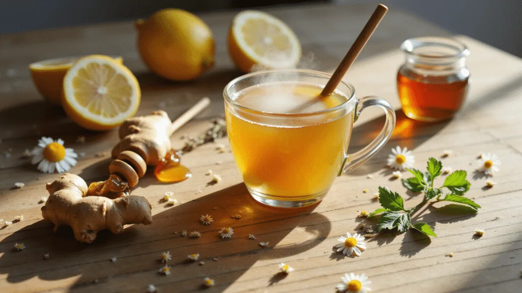 "Hot honey-lemon tea in a ceramic mug on a rustic table with fresh ginger, chamomile flowers, mint, lemons, honey dipper, honey jar, and a vintage tea strainer in soft morning light."