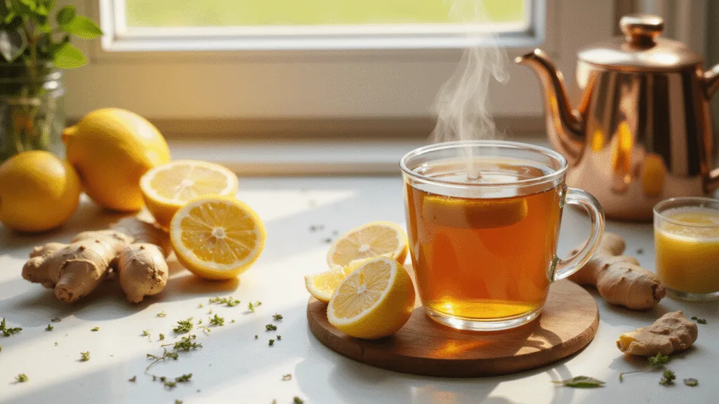 "Steaming mug of honey lemon tea with fresh ingredients and copper kettle on a marble countertop during golden hour"