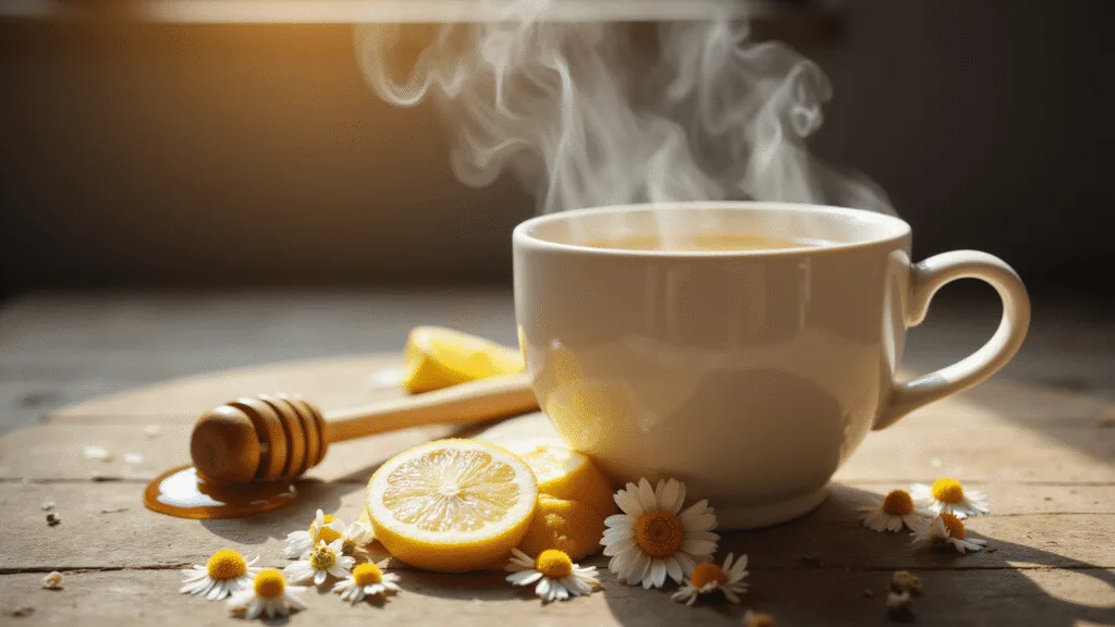 "Steaming mug of honey-lemon tea with honey dipper and fresh lemon slices on a rustic table"