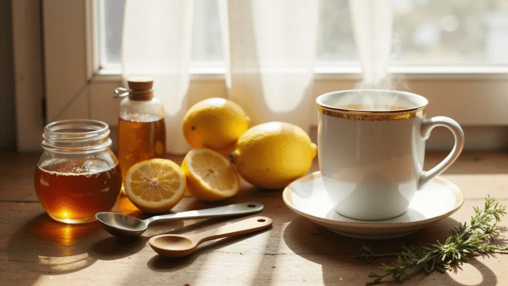 "Honey-lemon tea in a ceramic mug surrounded by fresh lemons, honey jar, herbs, and measuring spoons in a sunlit, cozy kitchen"