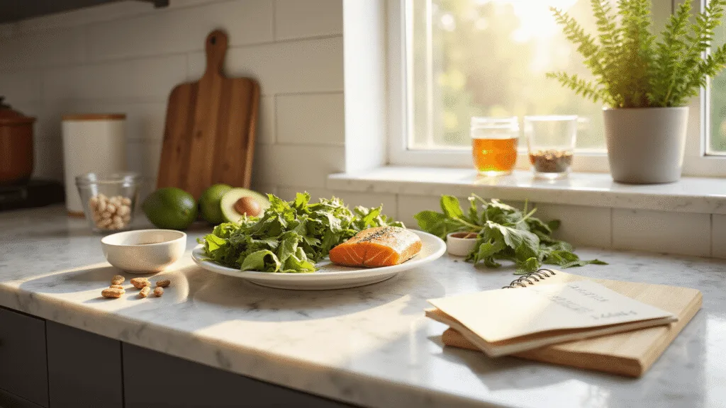"Sunlit kitchen with healthy ingredients like salmon, leafy greens, and avocados on marble countertop, alongside herbal tea, supplements, and wellness journal."