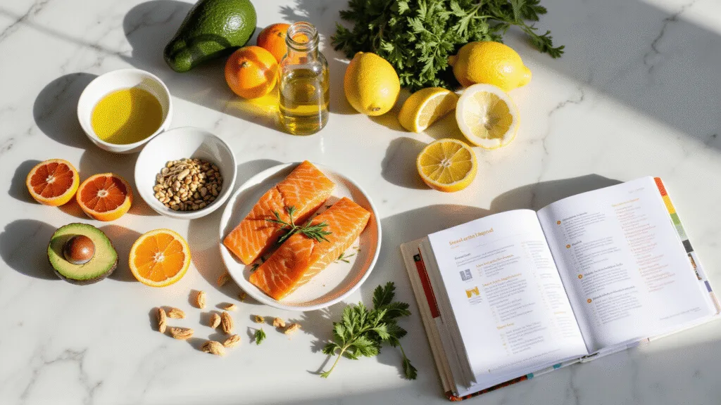 "Fresh salmon, avocados, nuts, seeds, olive oil, citrus fruits and herbs bathed in sunlight on a marble kitchen counter next to an open cookbook, suggesting a focus on health, wellness, and culinary creativity."