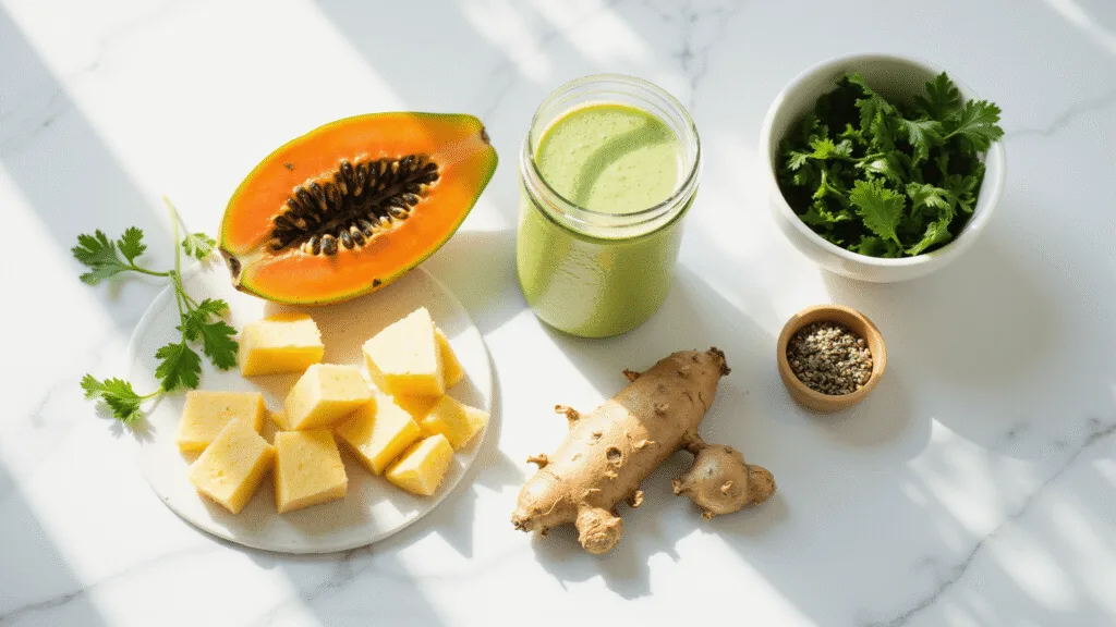 "Fresh tropical fruits like papaya, pineapple, ginger, and parsley on a white marble countertop for hormone-balancing smoothie preparation with a blender in background."