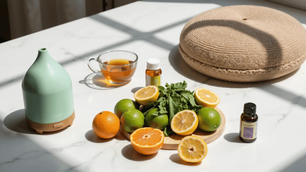 "Immune-boosting elements including fresh produce, supplements, herbal tea, a meditation cushion, and oil diffuser on a bright marble surface"