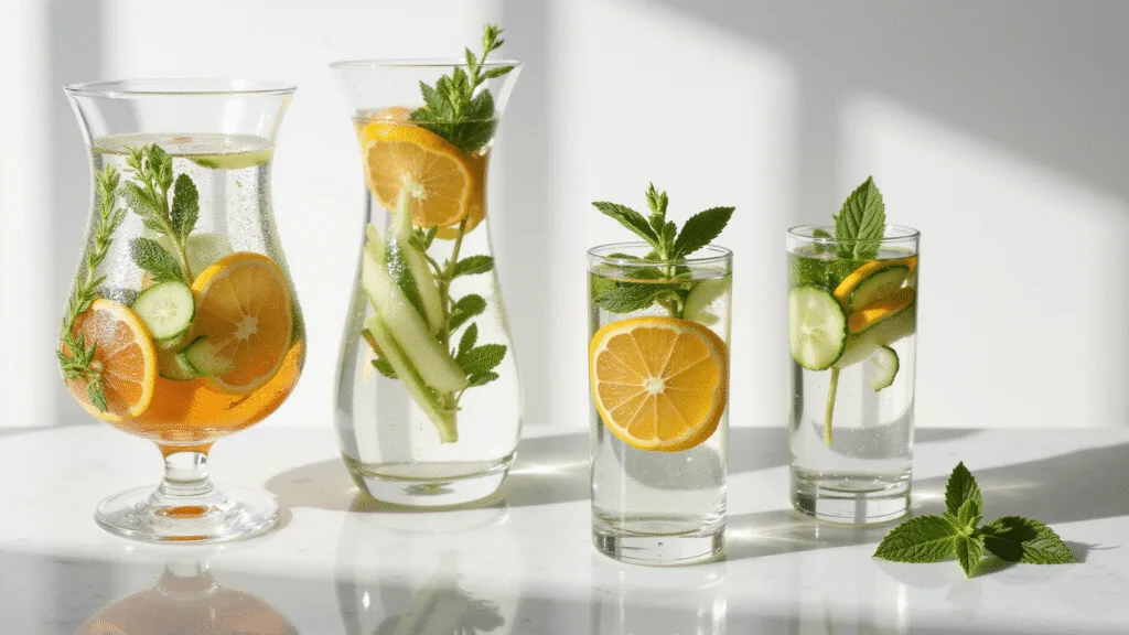 "Infused water vessels garnished with citrus, mint, and cucumber on a marble counter in natural light"