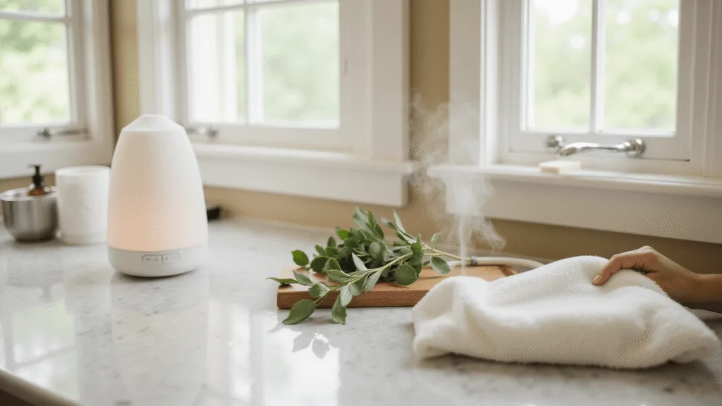 "Woman applying warm compress to jaw in a sunlit, marble bathroom with eucalyptus décor and steaming diffuser"