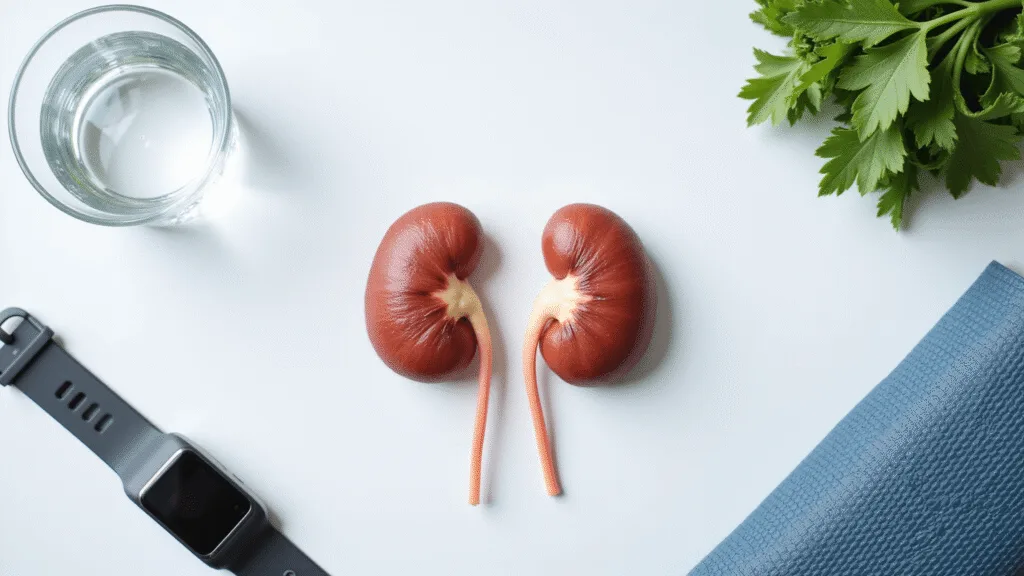 "Medical illustration of kidneys surrounded by lifestyle elements including water, vegetables, yoga mat, and sleep tracker, symbolizing health and wellness."