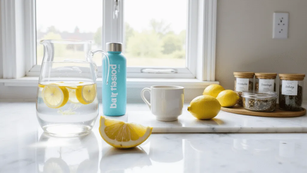 "Marble kitchen counter with lemon water, herbal tea, and healthy kidney stone prevention essentials under streaming sunlight"