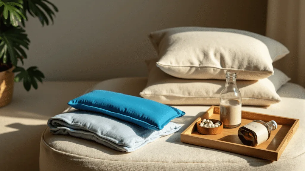 "Home recovery set up with ice pack, compression wrap, therapeutic pillows and natural supplements in a calming, sunlit environment"