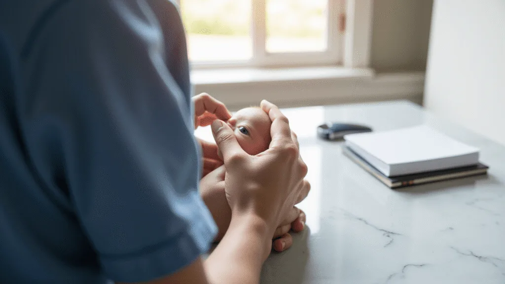 "Close-up of a jaundice examination on an eye with medical books and digital health tracker in the background"