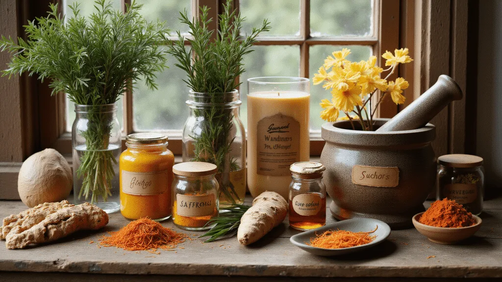 "Medicinal herbs including ginkgo leaves, rosemary, turmeric, and saffron arranged on a rustic wooden table with natural sunlight, mortar and pestle, and glass jars."