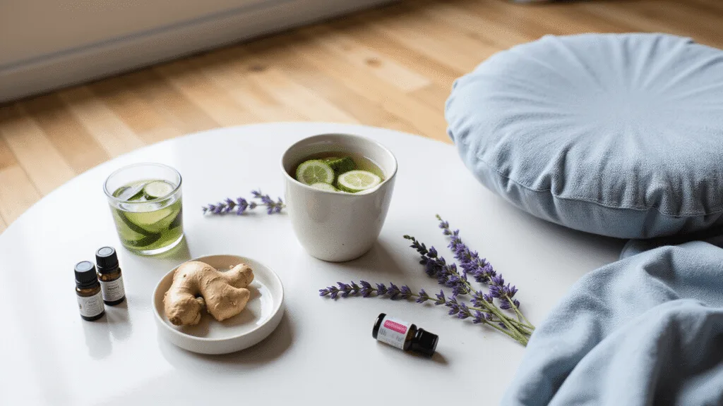 "Migraine relief essentials including cucumber water, ginger tea, lavender, cold compress, and essential oils on a hardwood floor with a soothing blue-gray color palette, diffused natural light and minimalist styling"