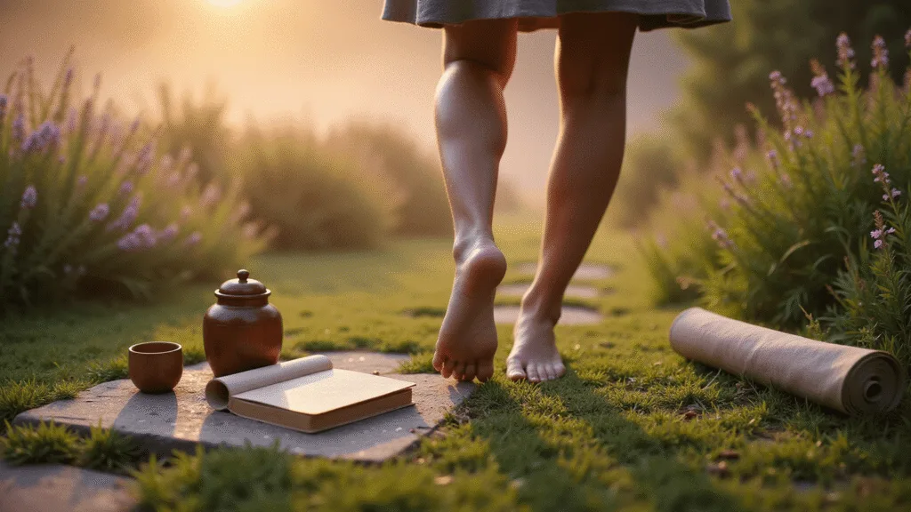 "Woman practicing barefoot walking on a dewy grass path at sunrise, surrounded by morning mist, with a tea set, journal and yoga mat in a serene garden setting."