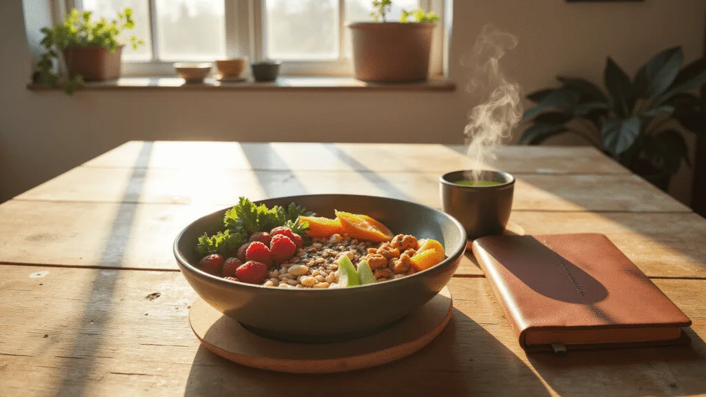 "Buddha bowl with fresh fruits and greens on a rustic table, with a gratitude journal and green tea in a sunlit modern kitchen during golden hour"