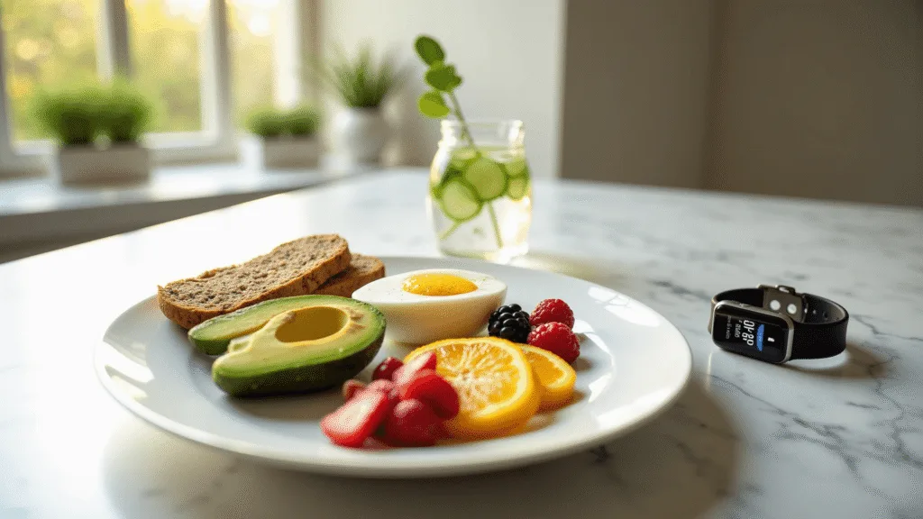 "Morning sunlight bathing a healthy breakfast prep of avocados, eggs, berries, sprouted bread on a marble countertop, alongside a smartwatch displaying fasting stats in a minimalist kitchen."