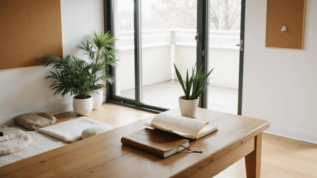 "Serene home office with a minimalist wooden desk, open journal, meditation corner, white ceramic pots with peace lilies, cork vision board and a cozy reading nook"