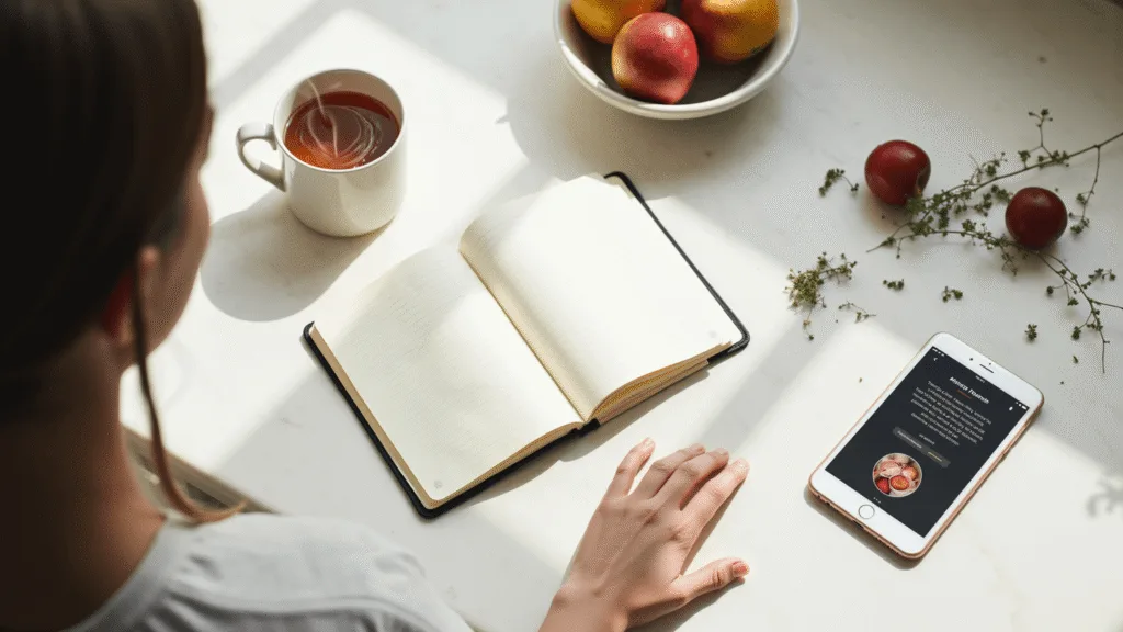 "Morning wellness scene with open journal, herbal tea, fresh fruits, herbs and mindfulness app on a tablet on a marble countertop"