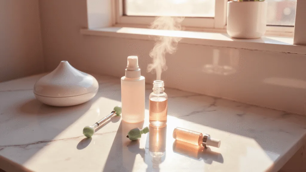 "Minimalist bathroom with skincare products on marble counter, a discarded vape device, and a white humidifier emitting mist during golden hour"