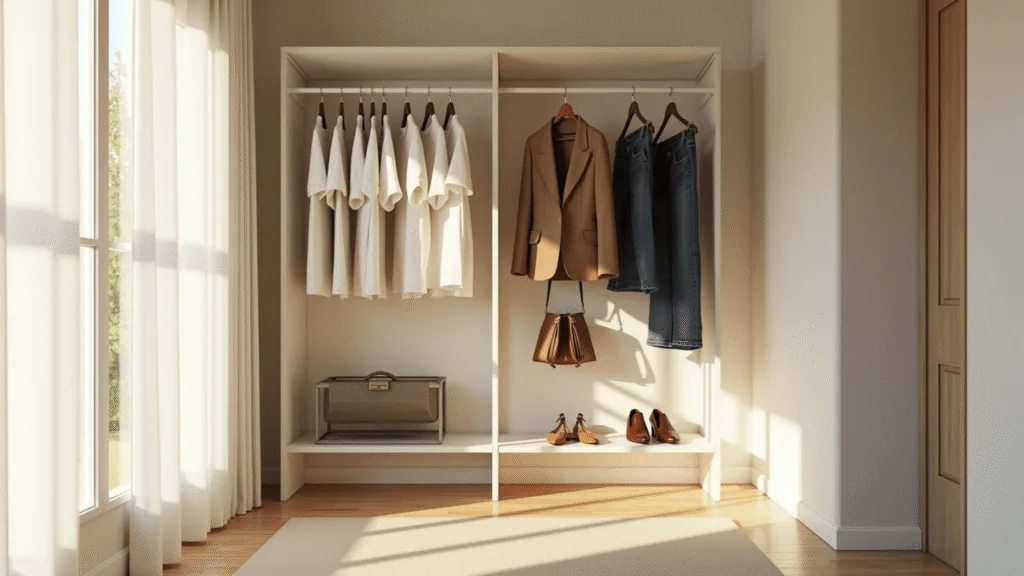 "Neutral-toned minimalist fashion wardrobe in a sunlit, airy walk-in closet"