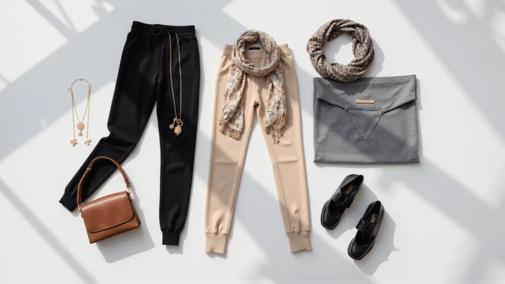 "Modern luxury sweatpants with high-end accessories flat lay on a marble surface"