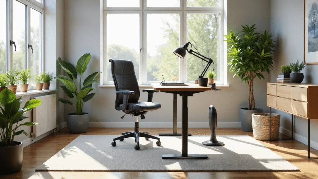 "Modern home office setup with standing desk, ergonomic chair, yoga mat, elliptical, and lush green plants bathed in natural sunlight"