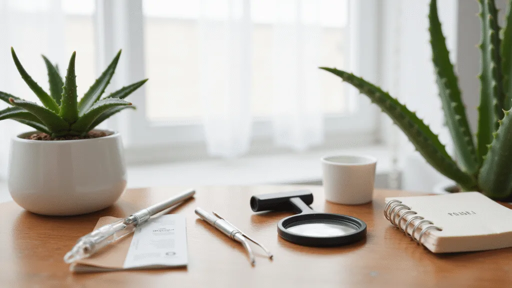 "Professional nail inspection tools including magnifying glass on wooden desk, with aloe plant in natural daylight."
