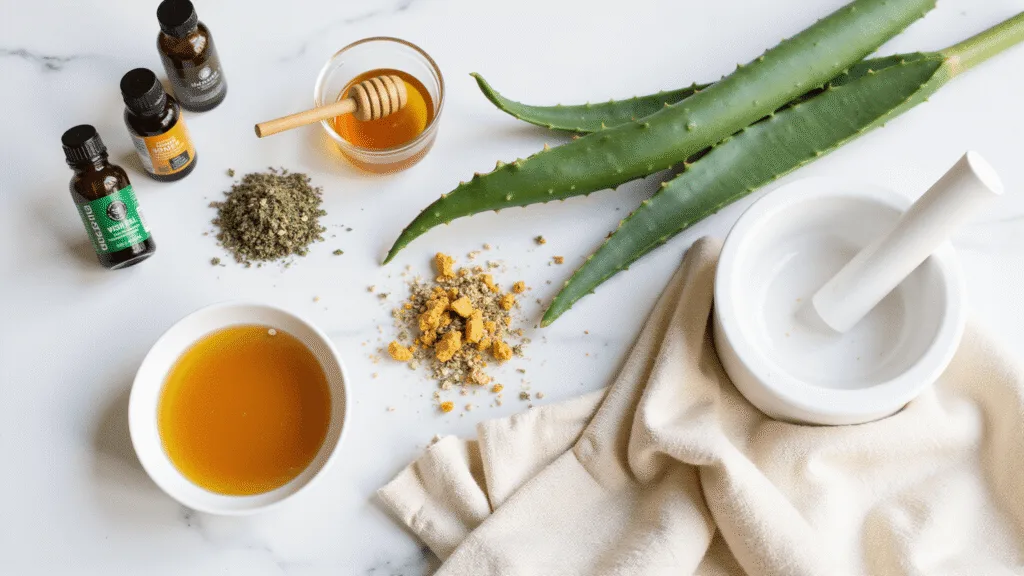 "Flatlay of natural acne remedies such as tea tree oil, aloe vera, raw honey, and turmeric root on a white marble counter."