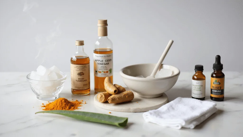 "Natural acne remedy collection on a minimalist spa setup, featuring items like turmeric, raw honey, apple cider vinegar, and aloe vera"