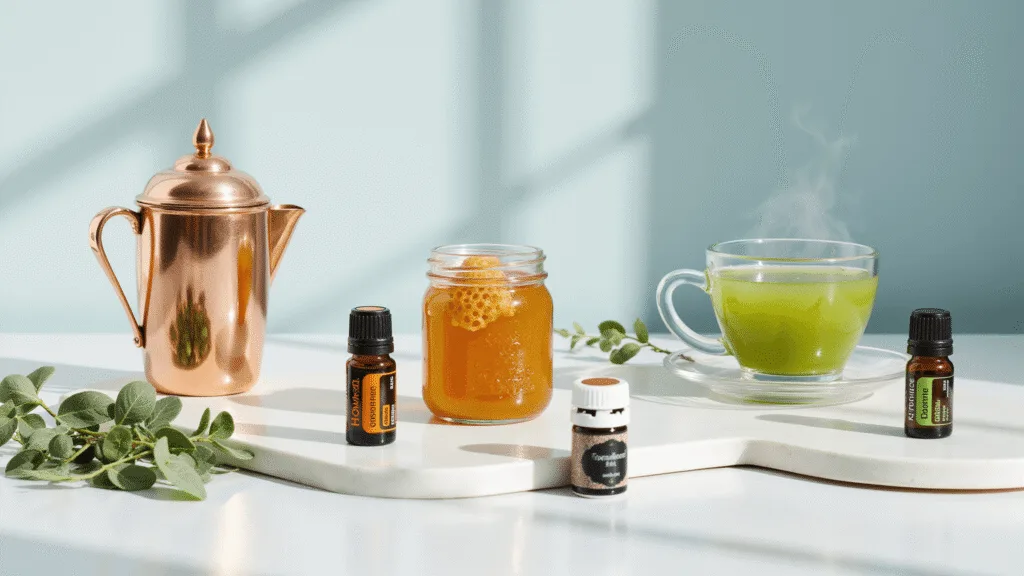 "Natural allergy remedies including a neti pot, local honey, eucalyptus essential oils, and green tea on a clean, modern background"