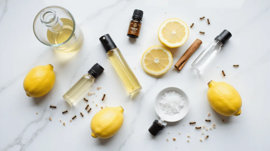 "Natural ant control remedies including vinegar spray, sliced lemons, cinnamon sticks, essential oils, and salt on a white marble surface."