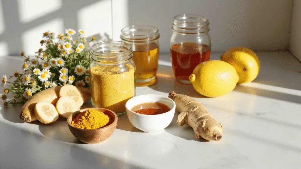 "Natural antacid ingredients - ginger root, chamomile flowers, turmeric powder, bananas, hot tea, aloe juice, honey, and lemons on a kitchen counter with soft sunlight"