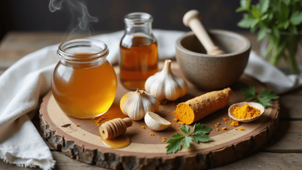 "Manuka honey, garlic, turmeric, oregano oil, and apple cider vinegar displayed on rustic wooden board with fresh herb garnish, honey dipper, mortar and pestle, and linen cloth in soft natural light"