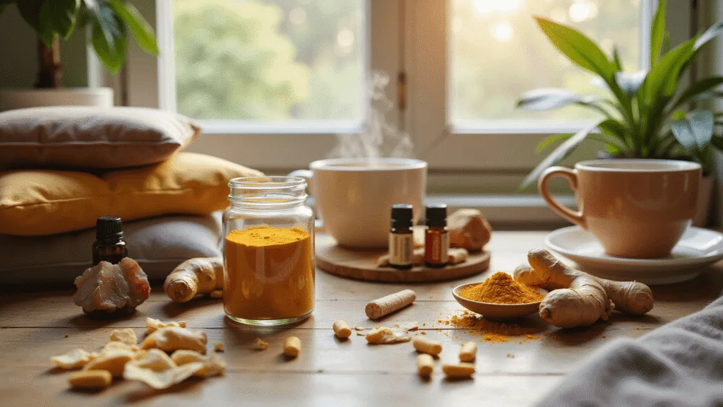 "Natural arthritis remedies including turmeric, ginger, essential oils, meditation cushions, and healing crystals bask in soft morning light."