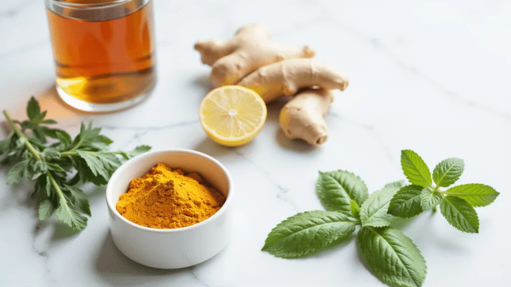 "Natural asthma relief ingredients including eucalyptus, ginger, turmeric and peppermint arranged on a white marble counter with a glass of herbal tea in soft natural light."