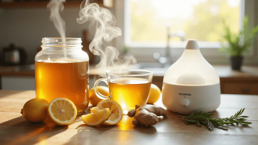 "Natural baby cough remedies including honey, chamomile tea, lemon, ginger, eucalyptus, and a cool-mist humidifier in a warm sunlit kitchen"