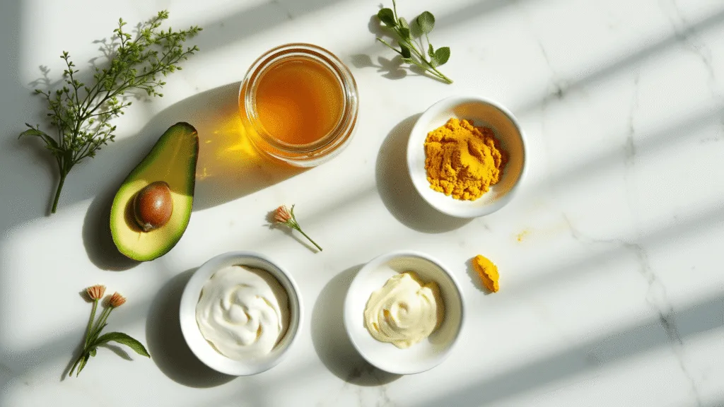 "DIY beauty ingredients including avocado, honey, turmeric, and yogurt on a marble countertop in a bright kitchen"