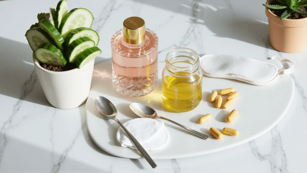 "Natural beauty remedies including cucumber slices, rosewater, almond oil, and vitamin E on a marble counter in soft morning light"