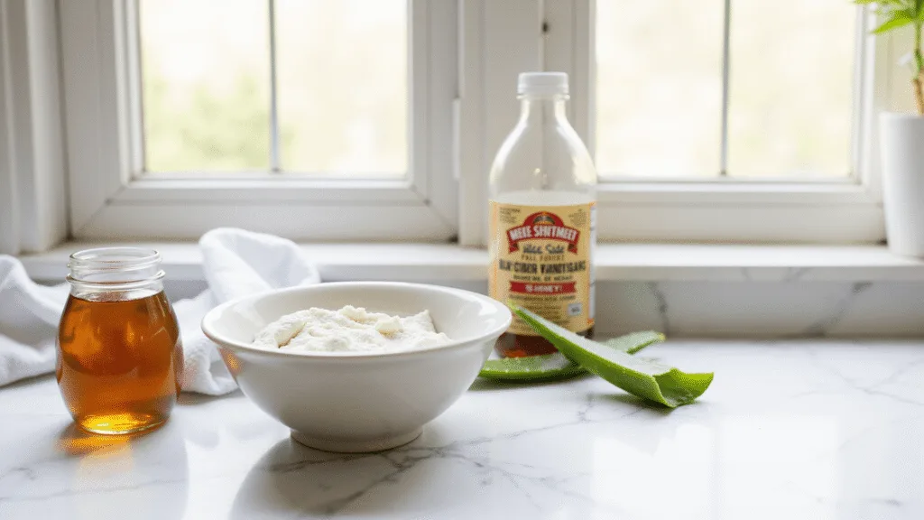 "Bee sting remedies including baking soda paste, aloe vera, honey, and vinegar on a white marble counter in natural sunlight"