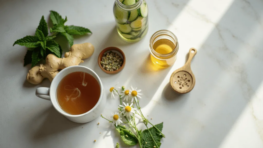 "Steaming peppermint tea with fresh mint leaves, ginger root, chamomile flowers on a marble countertop in soft natural light"